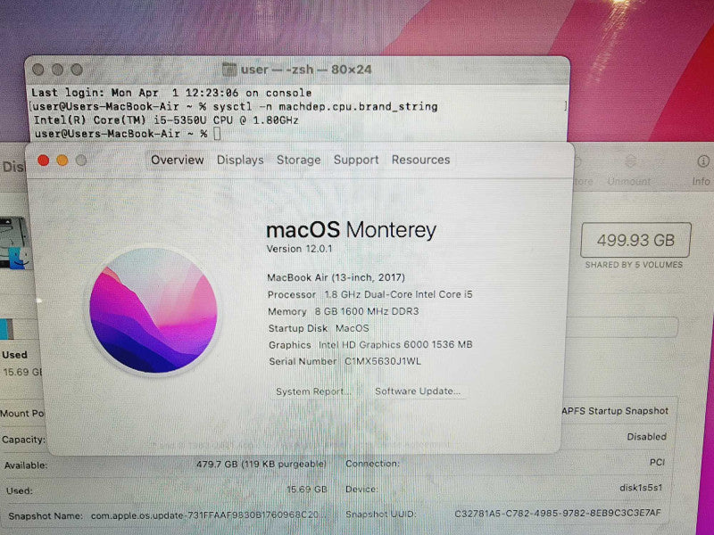 Apple Macbook Air 2017 13\\" Core i5-5350U @ 1.8GHz 8GB DDR3 500GB SSD [Read] (
