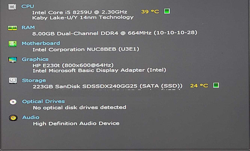 Intel NUC8BEH, Intel i5-8259U 2.3GHz, 8GB RAM, 240GB SSD, WiFi w/Toshiba ADPT