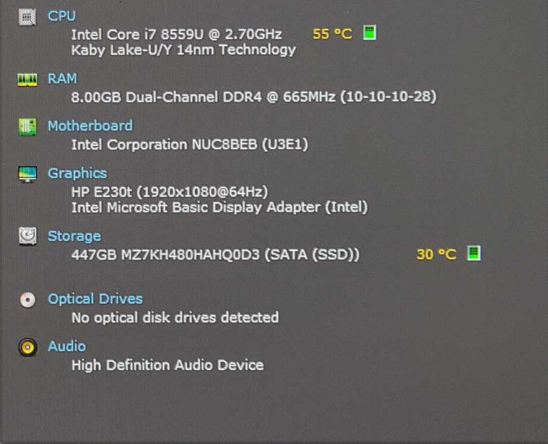 Intel NUC8BEH, Intel i7-8559U 2.70GHz, 8GB RAM 480GB SSD, WiFi w/Toshiba ADPT