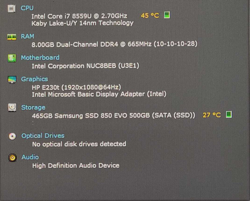 Intel NUC8BEH, Intel i7-8559U 2.70GHz, 8GB RAM 500GB SSD, WiFi w/Toshiba ADPT