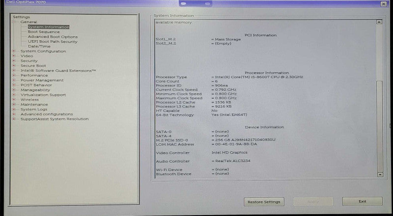 Dell Optiplex 7070 Micro, i5-8600T 2.3GHz, 16GB, 256GB NvME