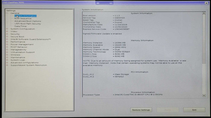Dell Optiplex 7070 Micro, i5-8600T 2.3GHz, 16GB, 256GB NvME
