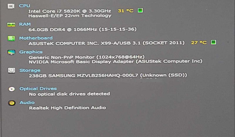 Custom PC, Asus X99-A, i7-5820K 3.30GHz, 64GB RAM, 256 GB Nvme, GTX750Ti