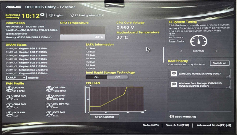 Custom PC, Asus X99-A, i7-5820K 3.30GHz, 64GB RAM, 256 GB Nvme, GTX750Ti