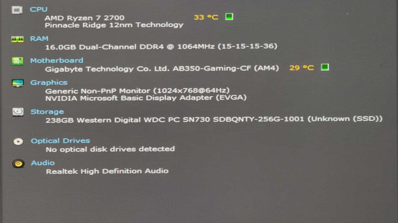Custom PC, AB350-Gaming-CF, AMD Ryzen 7 2700, 16GB RAM, 256GB Nvme, GTX1050