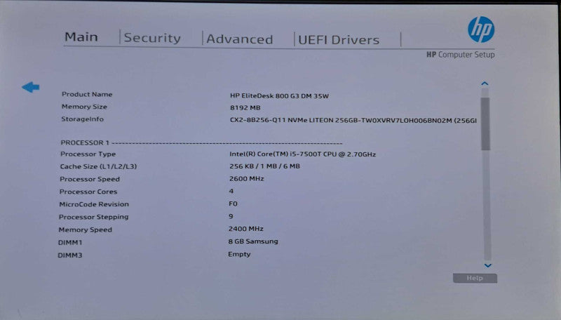 HP EliteDesk 800 G3 USFF | i5-7500T @ 2.70GHz 4C, 8GB DDR4, 256GB NVMe +65W