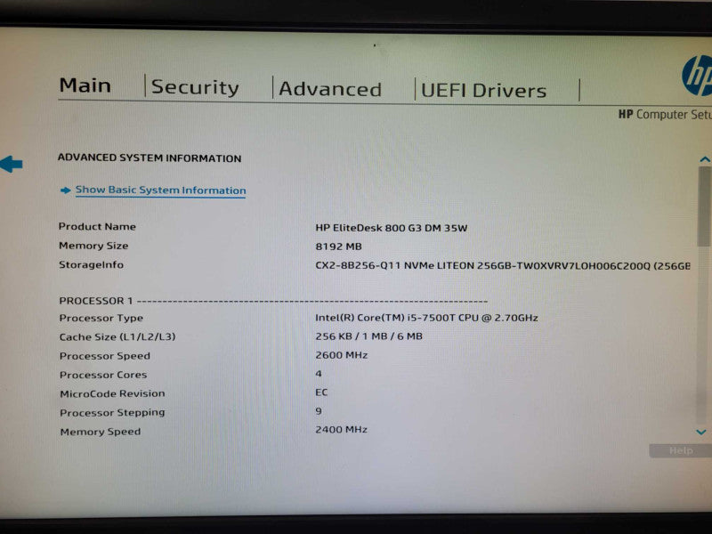 HP EliteDesk 800 G3 USFF Core i5-7500T 2.70GHz 4C, 8GB, 256GB NVMe w/ Pwr ada Q_