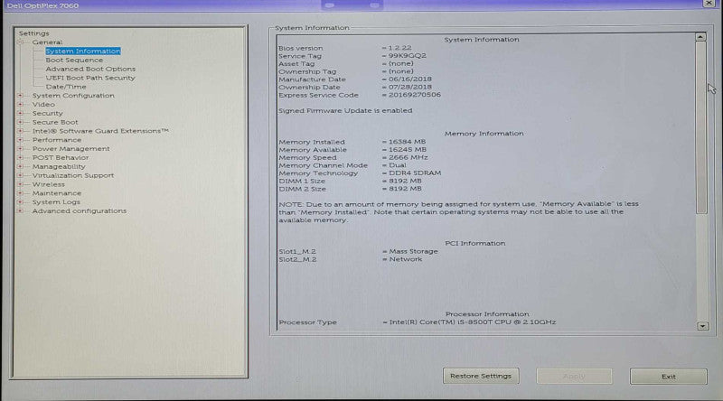Dell OptiPlex 7060 Micro, Intel i5 8500T 2.10GHz, 16GB RAM, 256GB Nvme, WiFi