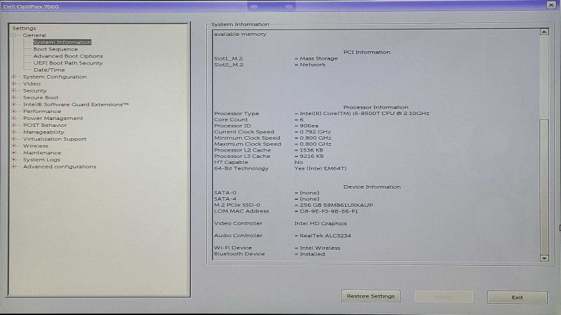 Dell OptiPlex 7060 Micro, Intel i5 8500T 2.10GHz, 16GB RAM, 256GB Nvme, WiFi