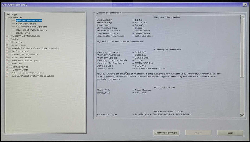 Dell OptiPlex 3060 Micro, Intel i5-8400T 1.7GHz, 8GB DDR4, 128GB Nvme, WiFi