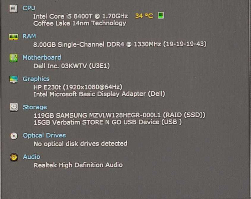 Dell OptiPlex 3060 Micro, Intel i5-8400T 1.7GHz, 8GB DDR4, 128GB Nvme, WiFi