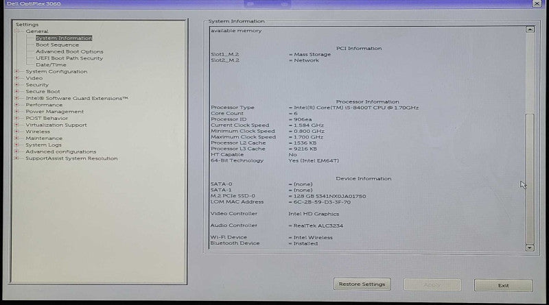 Dell OptiPlex 3060 Micro, Intel i5-8400T 1.7GHz, 8GB DDR4, 128GB Nvme, WiFi
