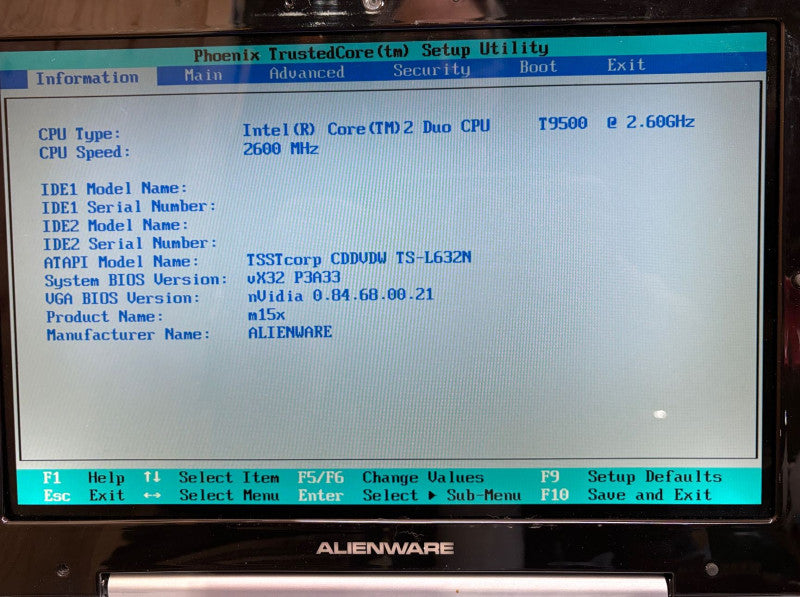 Alienware Area 51 M15X (Pre-Dell) C2D T9500 4GB RAM Broken Hinge VINTAGE READ