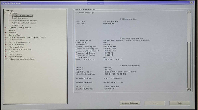 Dell OptiPlex 7060 Micro, Intel i5 8500T 2.10GHz, 16GB RAM, 256GB Nvme, WiFi