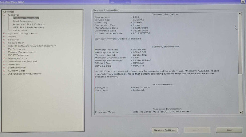 Dell OptiPlex 7060 Micro, Intel i5 8500T 2.10GHz, 16GB RAM, 256GB Nvme, WiFi