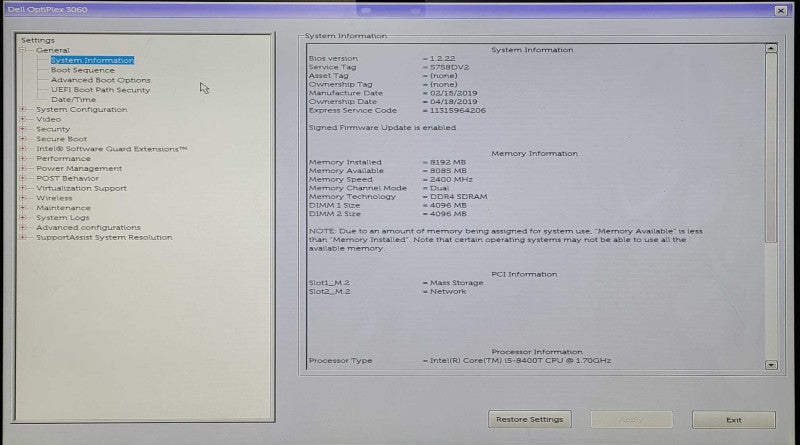Dell OptiPlex 3060 Micro, Intel i5-8400T 1.7GHz, 8GB DDR4, 128GB Nvme, WiFi