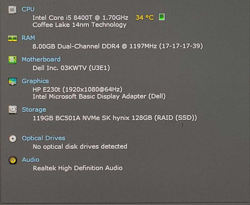 Dell OptiPlex 3060 Micro, Intel i5-8400T 1.7GHz, 8GB DDR4, 128GB Nvme, WiFi