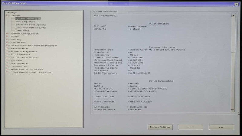 Dell OptiPlex 3060 Micro, Intel i5-8400T 1.7GHz, 8GB DDR4, 128GB Nvme, WiFi