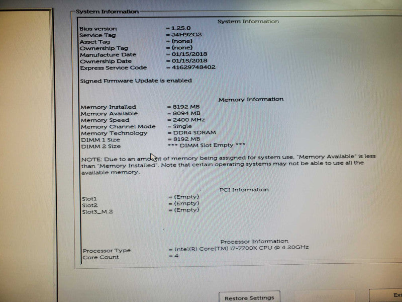 Dell OptiPlex 3050 SFF Desktop i7-7700K 8GB DDR4 NO HDD @