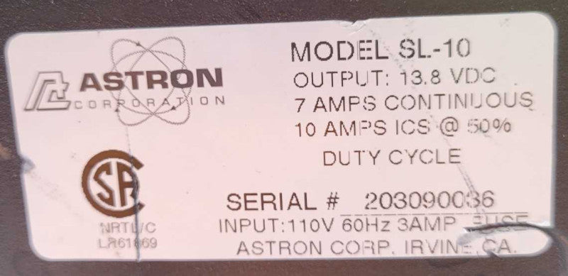 ASTRON POWER SUPPLY SL-10, OUTPUT 13.8 VDC, 7A, 10A, READ _