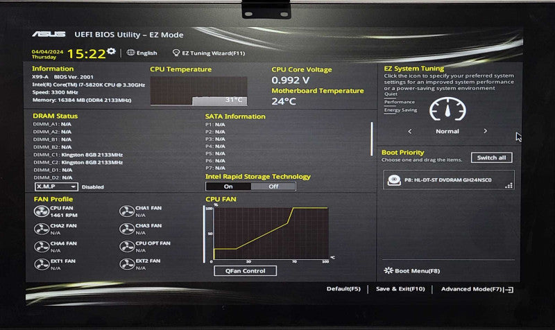 ASUS X99-A/USB 3.1 w/Intel i7-5820K 3.30GHz, 16GB DDR4 RAM
