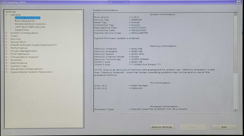 DELL OPTIPLEX 3070 MICRO, Intel i5-9500T 2.20GHz, 8GB RAM,  128GB Nvme, WiFi