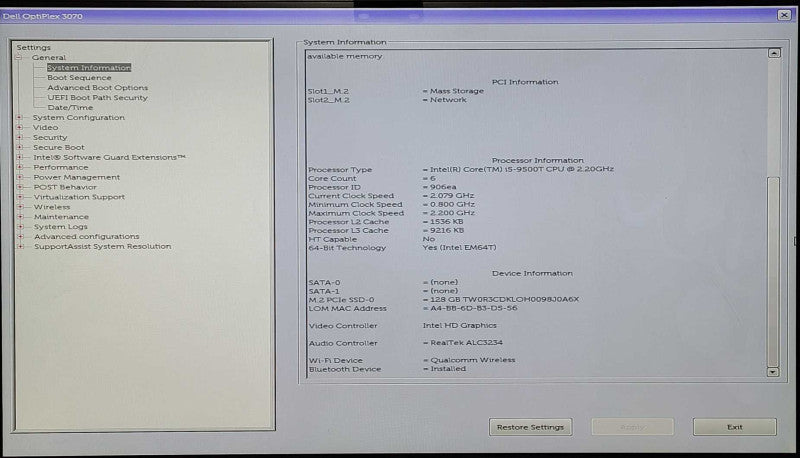 DELL OPTIPLEX 3070 MICRO, Intel i5-9500T 2.20GHz, 8GB RAM,  128GB Nvme, WiFi