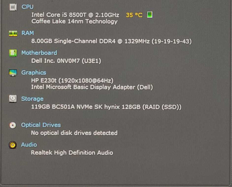 Dell OptiPlex 3060 Micro, Intel i5-8500T 2.10GHz, 8GB DDR4, 128GB Nvme, WiFi