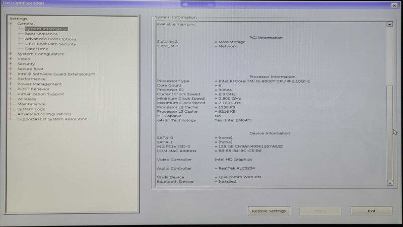 Dell OptiPlex 3060 Micro, Intel i5-8500T 2.10GHz, 8GB DDR4, 128GB Nvme, WiFi