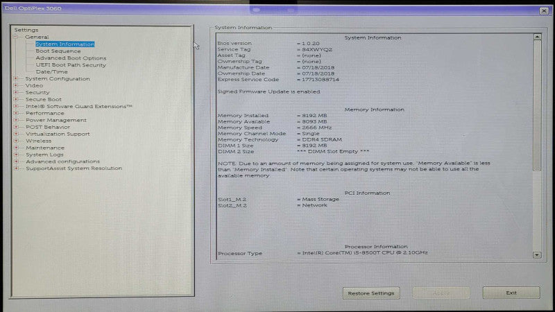 Dell OptiPlex 3060 Micro, Intel i5-8500T 2.10GHz, 8GB DDR4, 128GB Nvme, WiFi