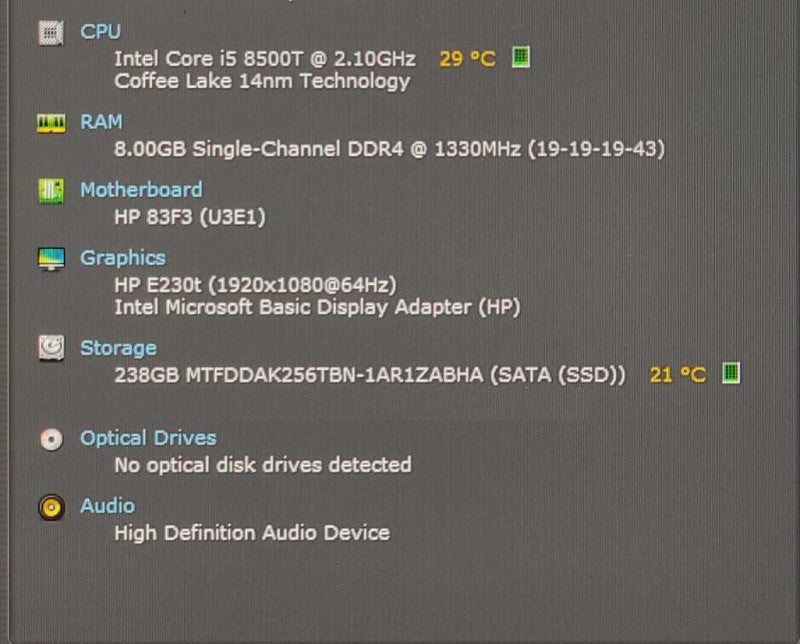 HP ProDesk 400 G4, i5-8500T 2.10GHz, 8GB RAM, 256GB SSD, WiFi, PWR ADPT