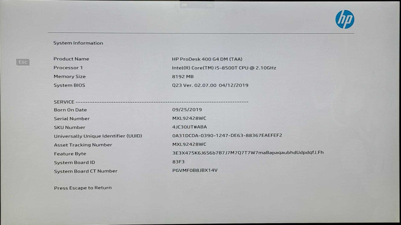 HP ProDesk 400 G4, i5-8500T 2.10GHz, 8GB RAM, 256GB SSD, WiFi, PWR ADPT