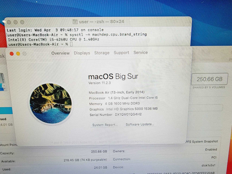 Apple Macbook Air 2014 13\\" Core i5-4260U @ 1.4GHz 4GB DDR3 250GB SSD [Read] (