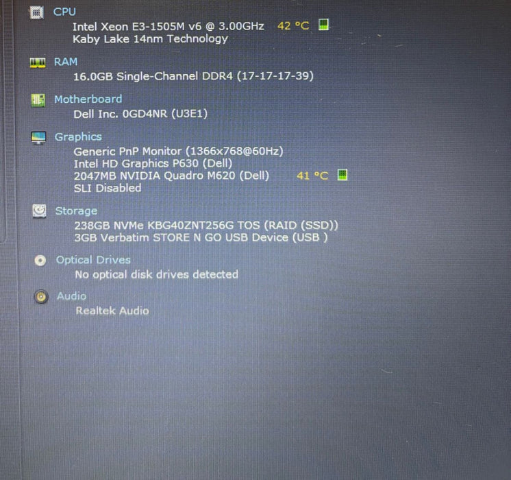Dell Precision 3520 Intel Xeon E3-1505M@3GHz QUADRO M620 2GB GPU 16GB 256SSD Q