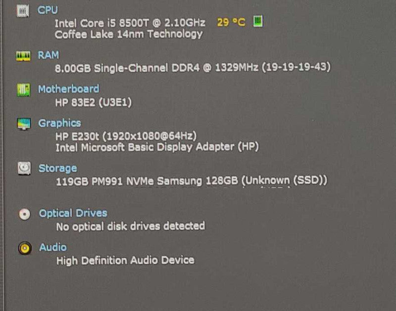 HP EliteDesk 800 G4, Intel i5-8500T 2.10GHz, 8GB RAM, 128GB Nvme, WiFi, PWR