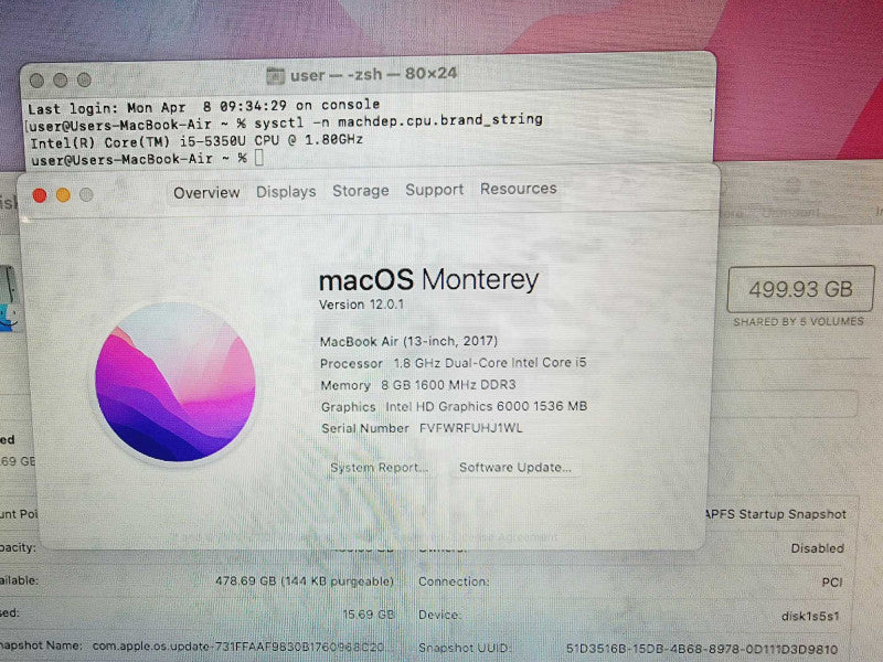 Apple Macbook Air 2017 13\\" Core i5-5350U @ 1.8GHz 8GB DDR3 500GB SSD (