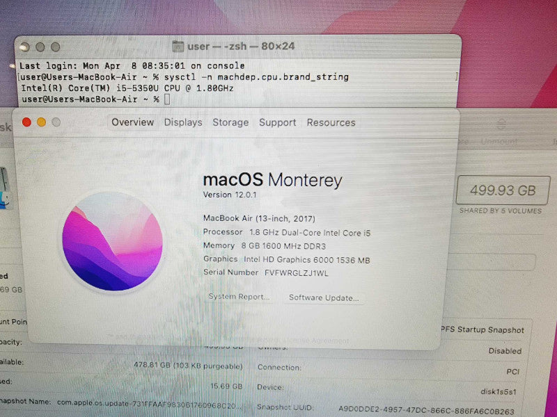 Apple Macbook Air 2017 13\\" Core i5-5350U @ 1.8GHz 8GB DDR3 500GB SSD [Read] (