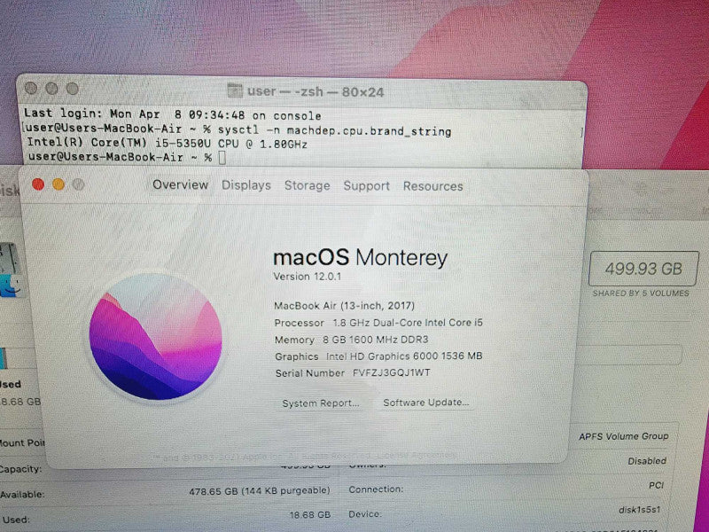 Apple Macbook Air 2017 13\\" Core i5-5350U @ 1.8GHz 8GB DDR3 500GB SSD [Read] (