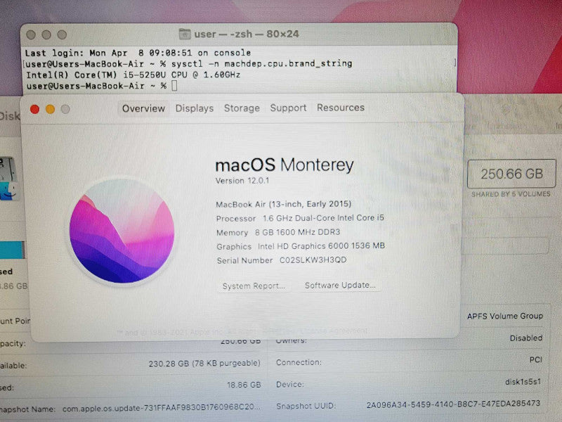 Apple Macbook Air 2015 13\\" Core i5-5250U @ 1.6GHz 8GB DDR3 250GB SSD (