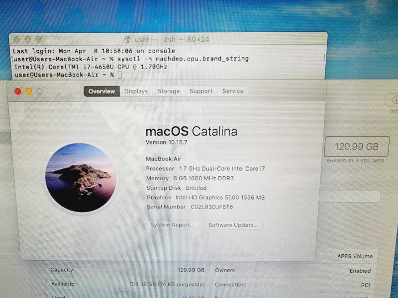 Apple Macbook Air 2013 13\\" Core i7-4650U @ 1.7GHz 8GB DDR3 120GB SSD (