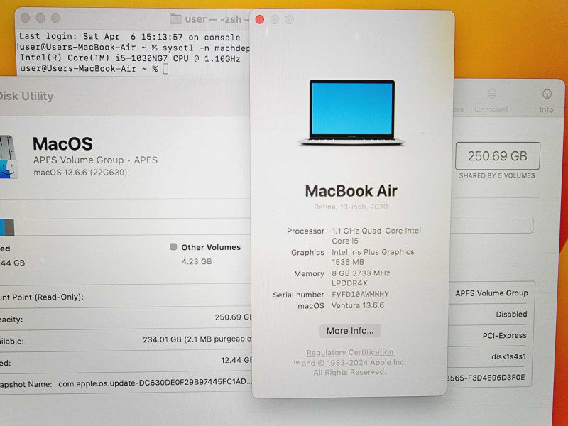 Apple Macbook Air Retina 2020 13\\" Core i5-1030NG7 @ 1.1GHz 8GB DDR4 250GB SSD [Read] (