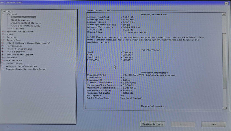 Dell OptiPlex 3060 SFF | i5-8500 @ 3.00GHz 6C, 8GB DDR4, 256GB NVMe