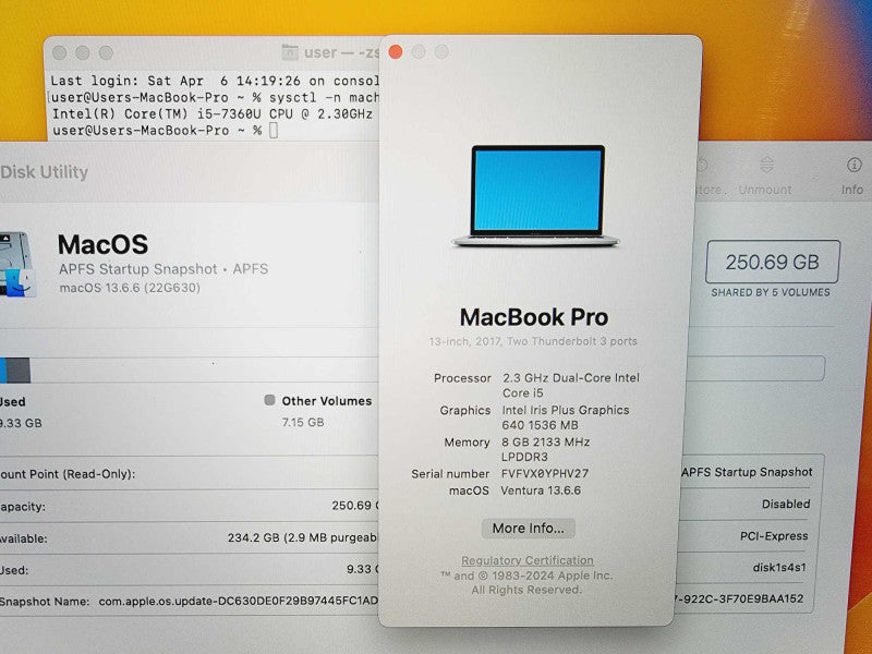 Apple Macbook Pro 2017 13\\" Core i5-7360U @ 2.3GHz 8GB DDR3 250GB SSD (