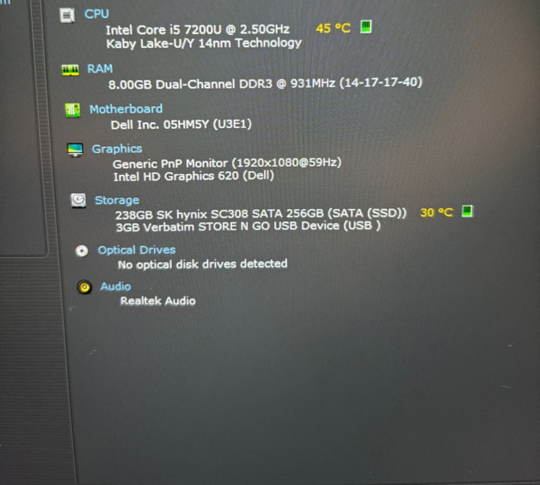 Dell XPS 9360 Intel Core i5-7200U@2.5GHz 8GB RAM 256GB SSD
