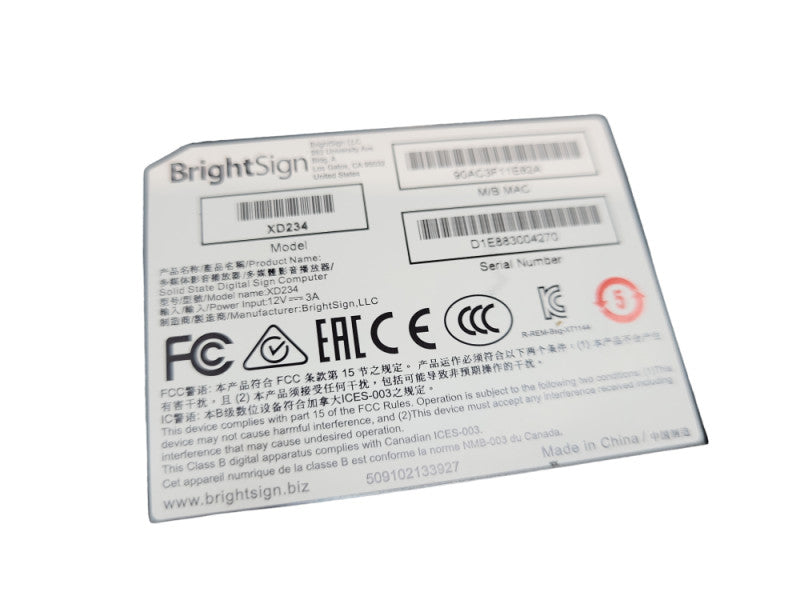 BrightSign XD234 True 4k, dual video Standard I/O Digital Signage play &