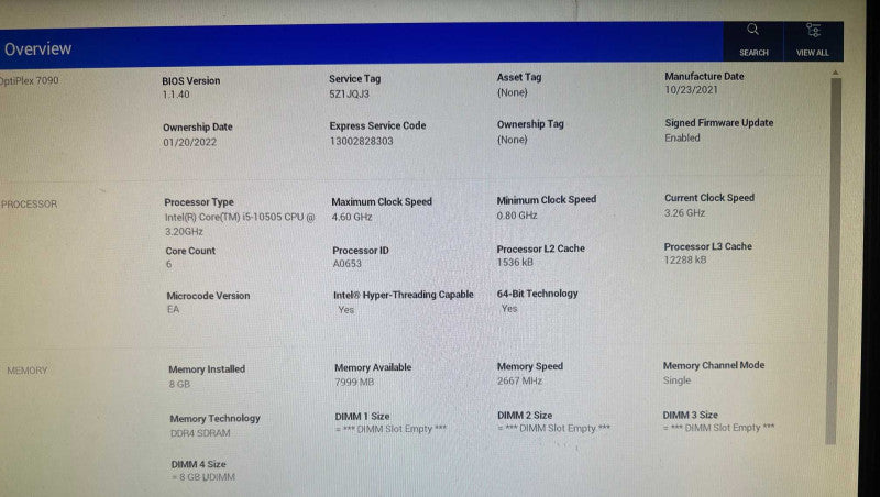 DELL OPTIPLEX 7090 I5-10505 3.2GHz 8GB RAM NO HDD