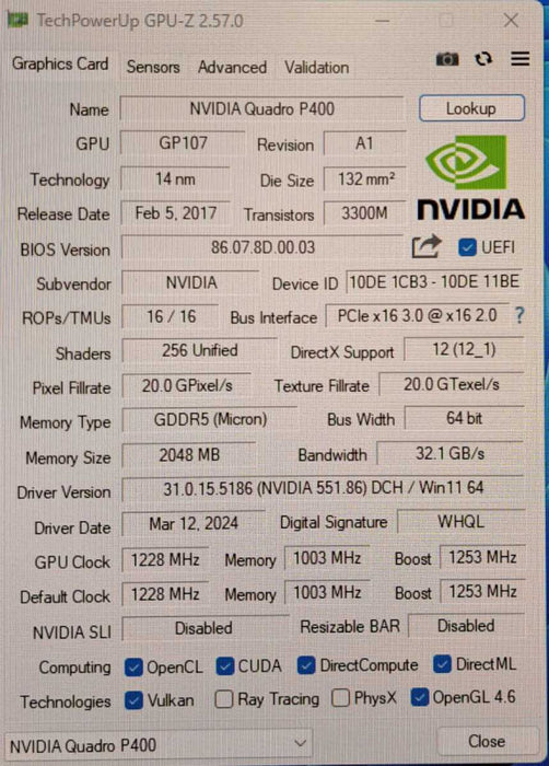 Nvidia Quadro P400 | 2GB GDDR5 Graphics Card | 3x Mini DisplayPort