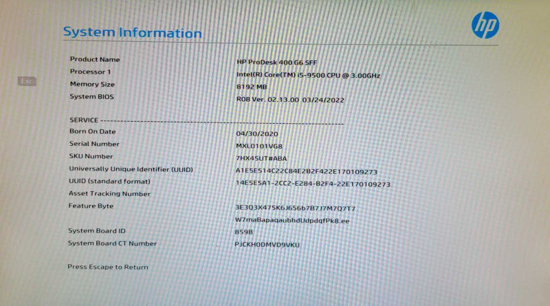 HP PRODESK 400 G6 SFF Intel Core i5 9500 3GHz 8GB DDR4 RAM