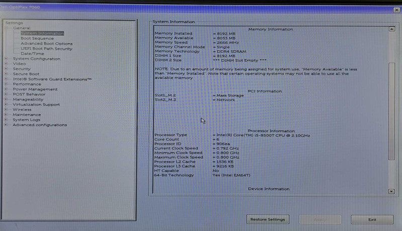 Dell OptiPlex 7060 USFF | i5-8500T @ 2.10GHz 6C, 8GB DDR4, 256GB NVMe, Wi-Fi