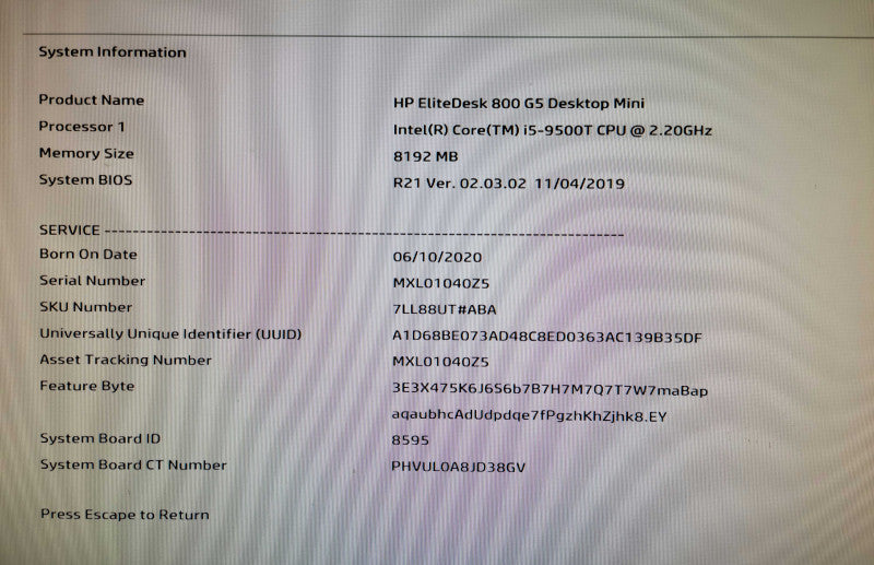 HP ELITEDESK 800 G5 Mini Intel Core i5 9500T 2.2GHz 8GB DDR4 RAM NO HDD/SDD